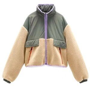 Zara Combination Fleece Sherpa zip-up beige/olive Jacket sz XS